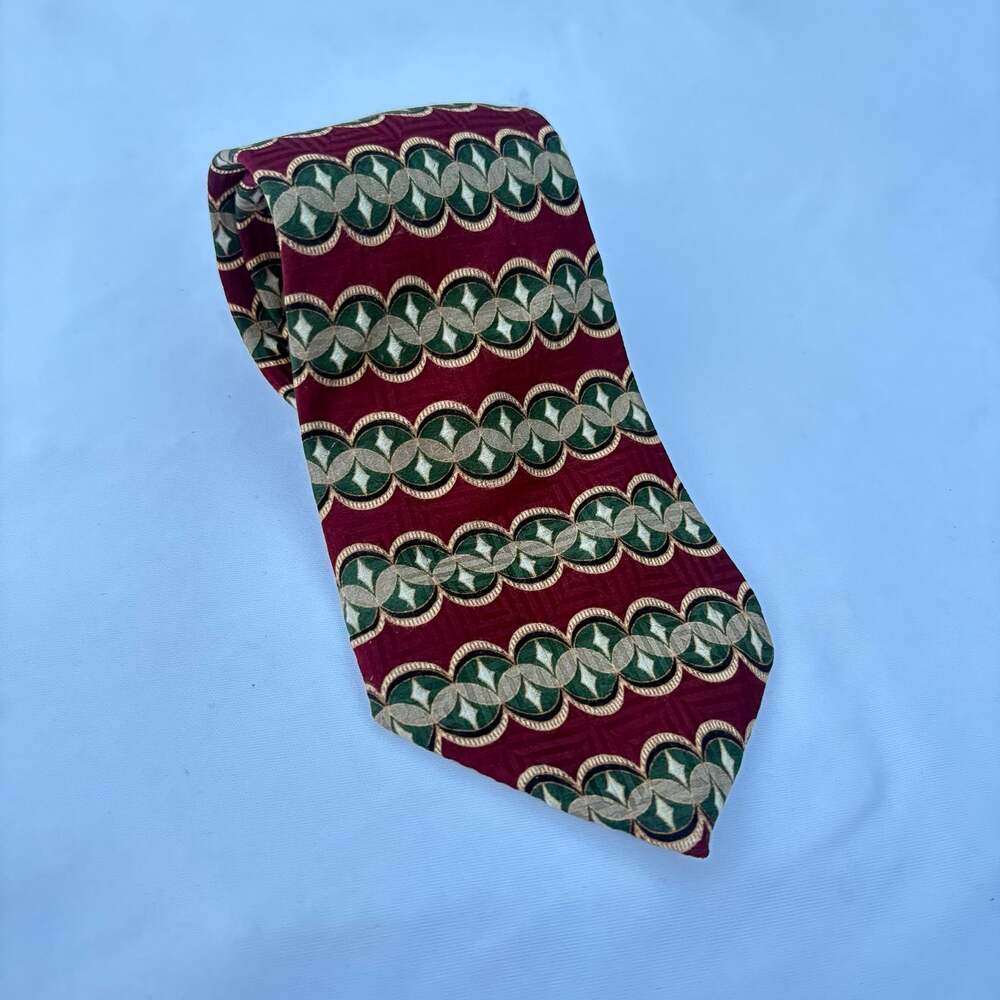 Vintage Bill Blass Black Label 100% Silk Tie Burgundy Green Geometric Retro
